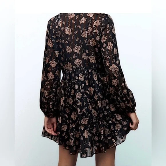 Zara Floral Black and Tan Dress - Picture 3 of 8